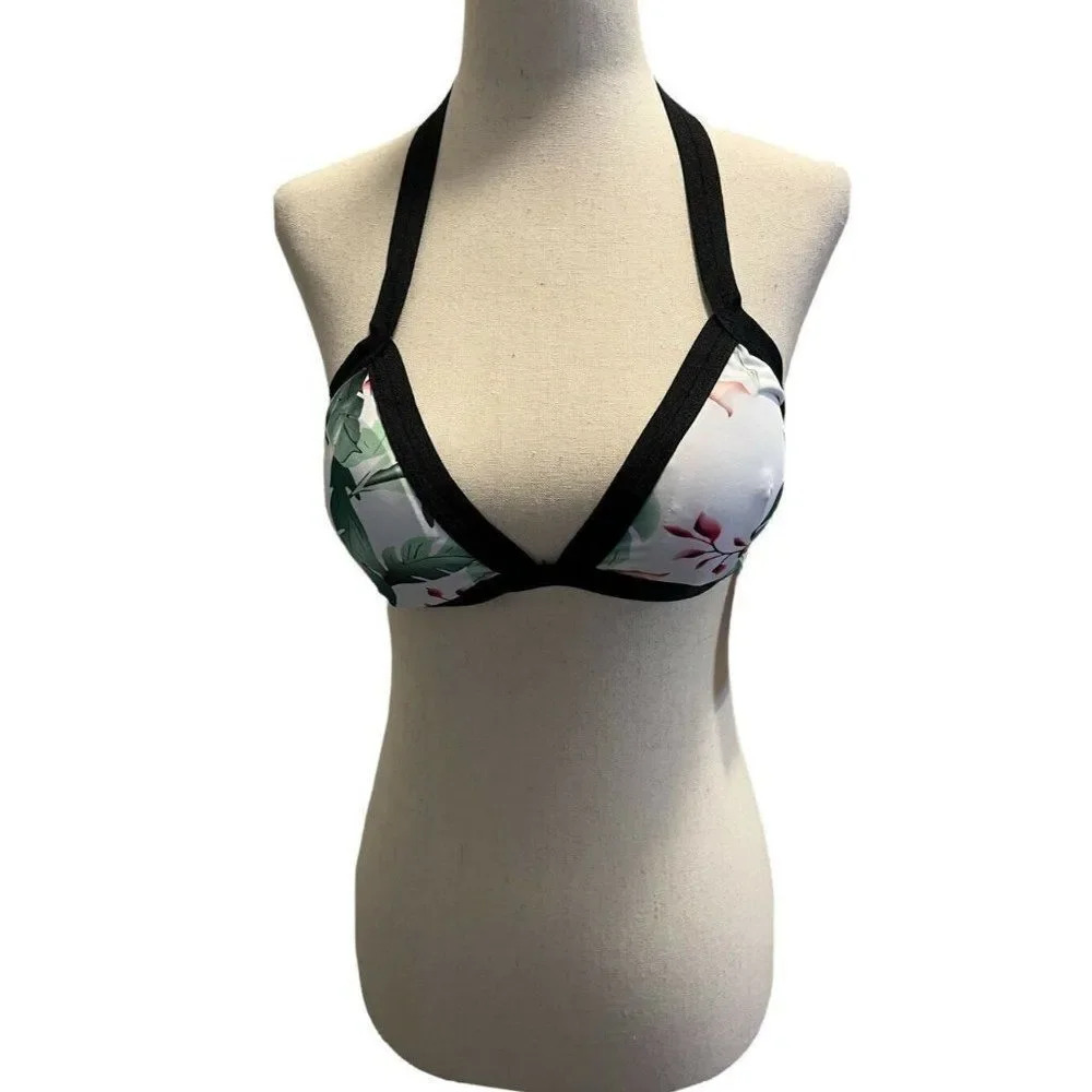 Beach Joy Womens Size Small White Multicolor Leaf Print Tropical Swimsuit Top